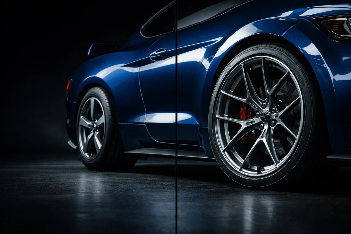 Split comparison showing stock wheel vs aftermarket wheel on a blue sports car